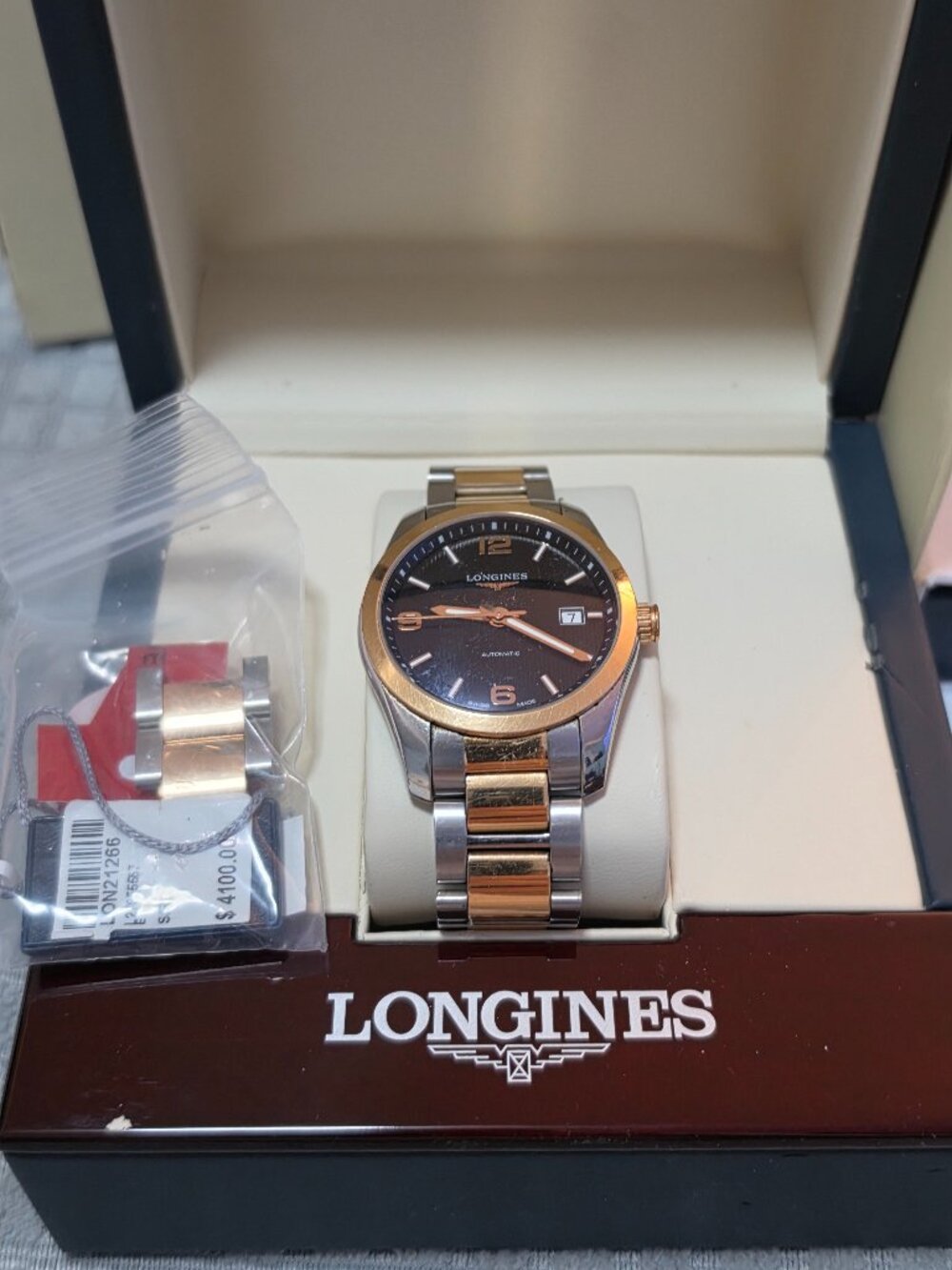 longines conquest classic 18k rose gold & steel automatic men's watch